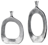 Open Abstract Circle Aluminum Vases 2-Piece Set, Silver Metal Round