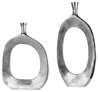 Open Abstract Circle Aluminum Vases 2-Piece Set, Silver Metal Round