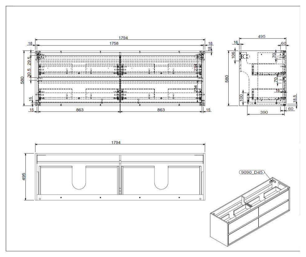 MOM 72" Wall Mounted Vanity With 4 Drawers and Acrylic Double Sink, Marble