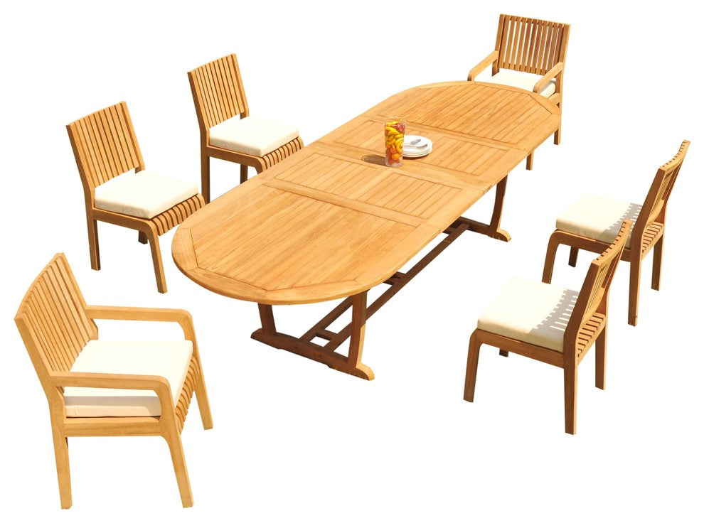 7-Piece Outdoor Teak Dining Set: 117" Masc Oval Extension Table, 6 Maldive Chair