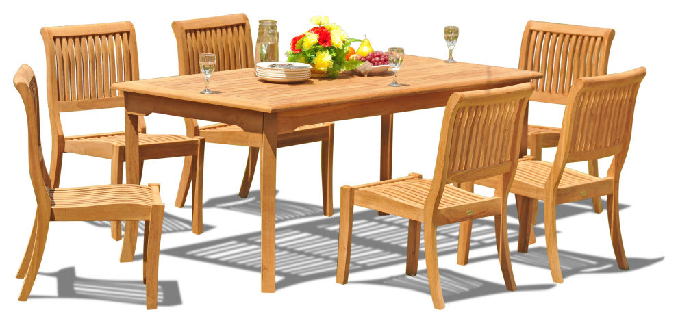 9-Piece Outdoor Teak Dining Set: 83" Rect Table, 8 Arbor Stacking Armless Chairs