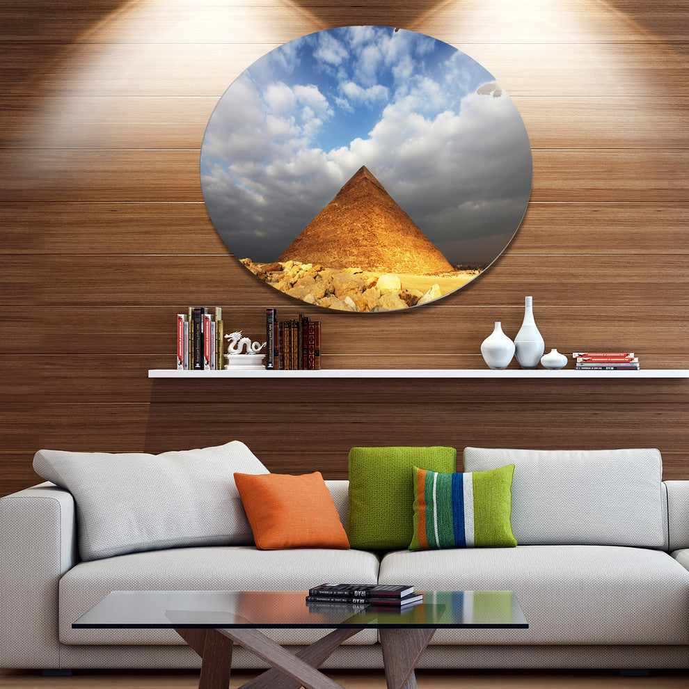 Egyptian Pyramid Under Bright Sky, African Landscape Round Artwork, 36"