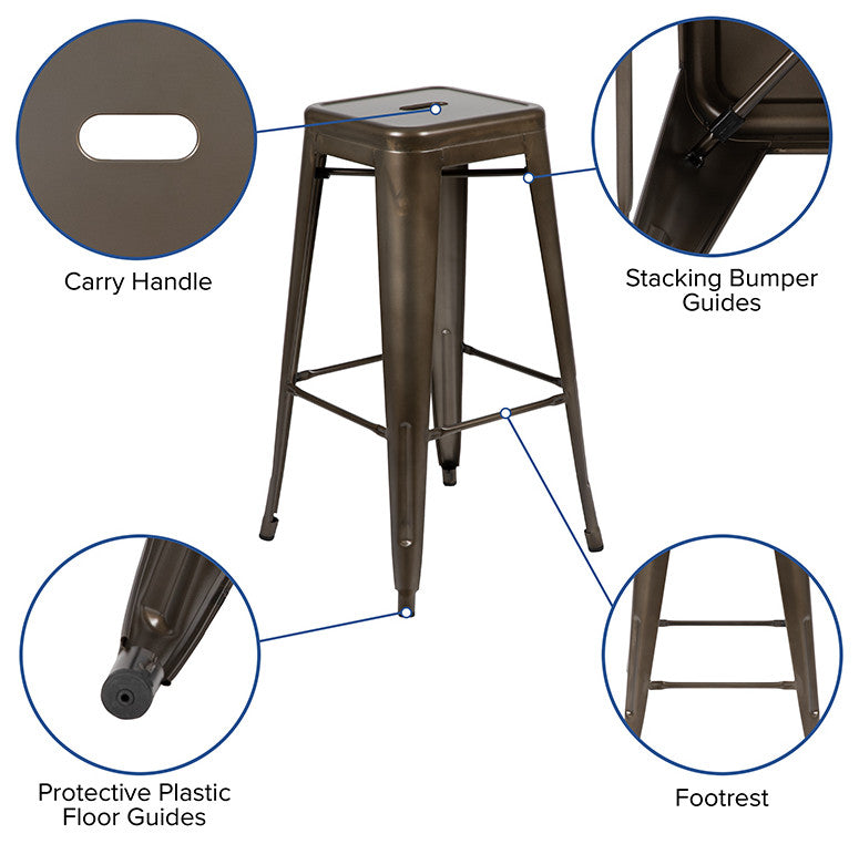 30" Metal Indoor Bar Stool, Stackable Set of 4, Gun Metal