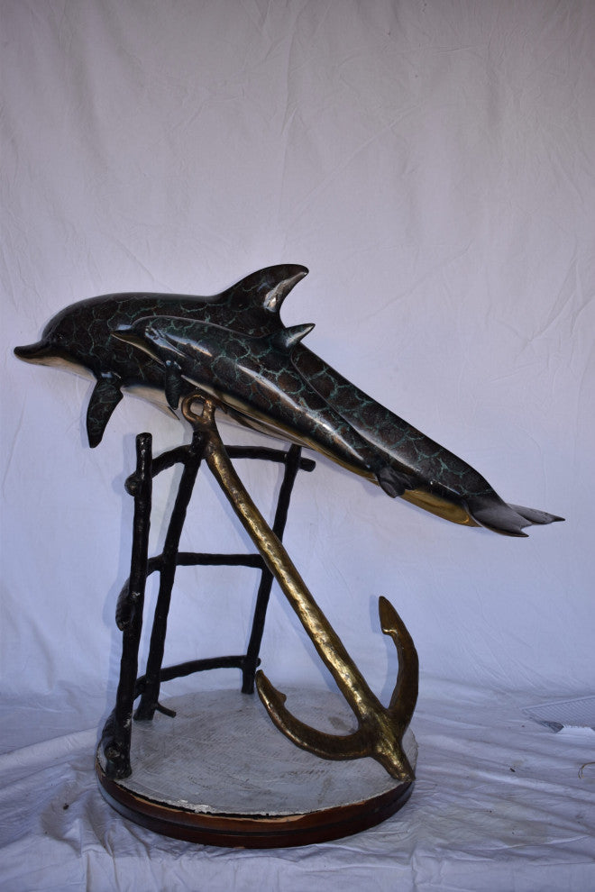 Two Dolphins Swimming Bronze Statue slight paint damage 46"x 23" x 36"H