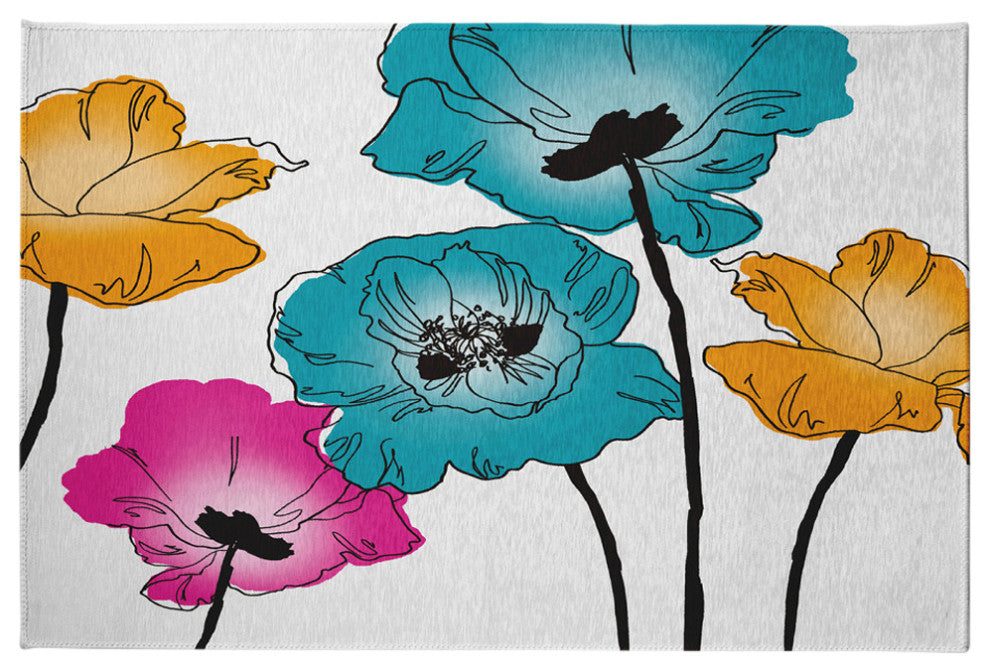 Popping Poppies Spring Chenille Rug, Blue, 4'x6'