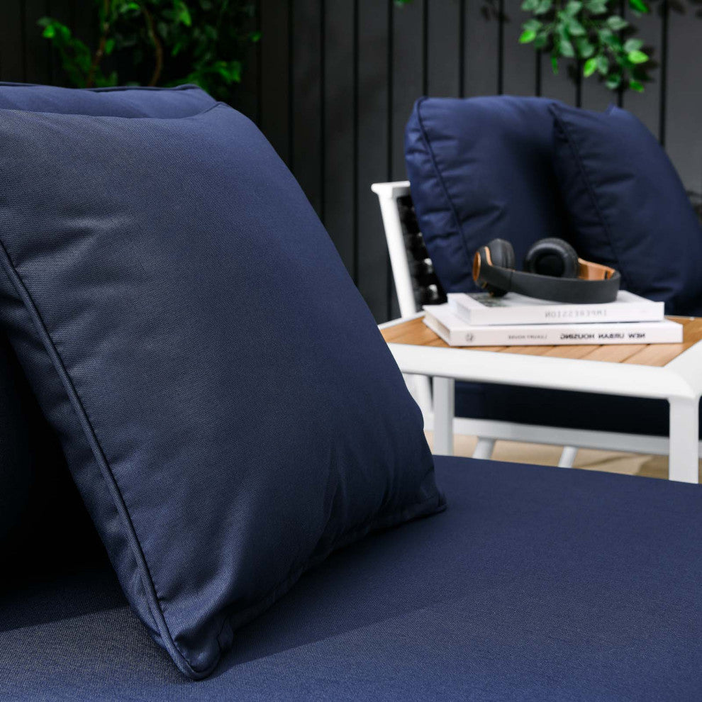 Lounge Chair Table Set, Navy White, Aluminum, Modern, Outdoor Patio Hospitality