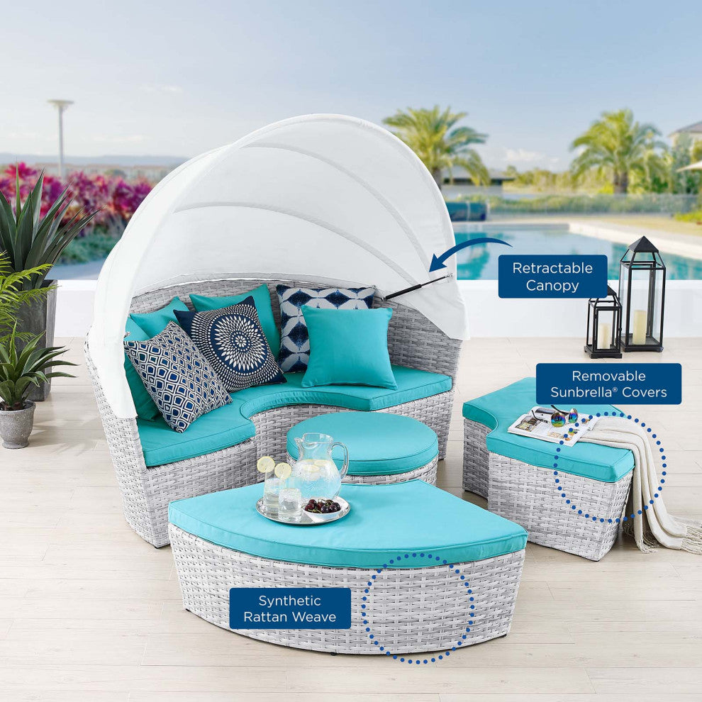 Daybed Sofa Bed, Sunbrella, Gray Blue, Rattan, Wicker, Outdoor Patio