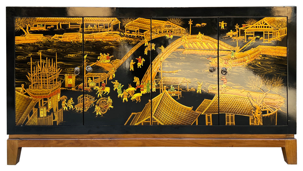 Black Golden Scenery Graphic Sideboard Buffet Console Table Cabinet Hcs7643