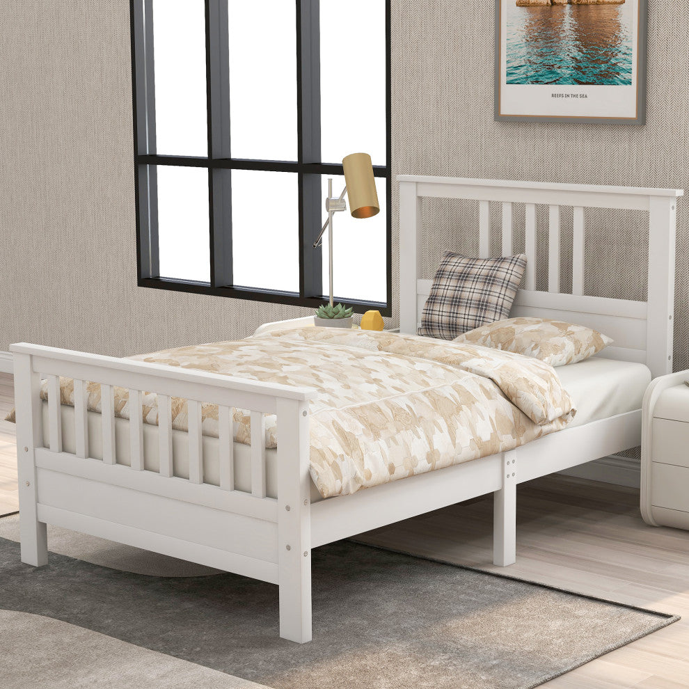 Gewnee Wood Platform Bed with Headboard and Footboard, Twinï¼ŒIn White