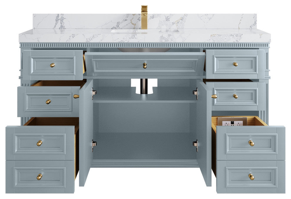 Paris 60" Single Sink Bathroom Vanity, Blue Heather 2" Calacatta Poannazo