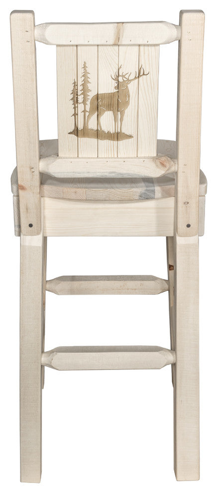 Homestead Bar Stool With Back, With Laser Engraved Elk, Clear Lacquer Finish, Re