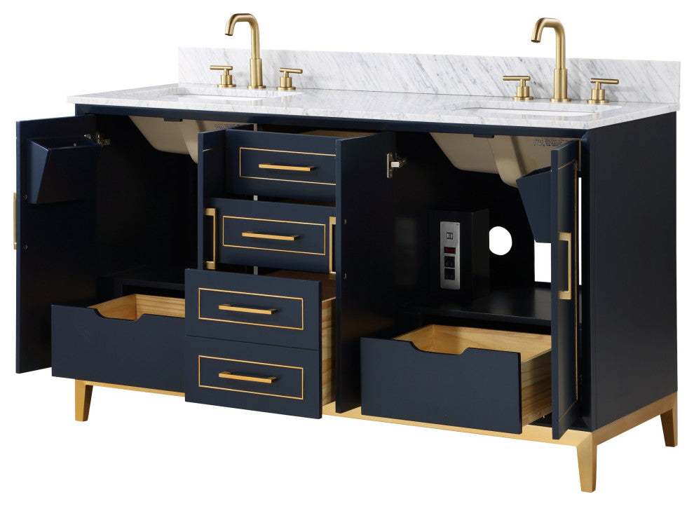 Gracie Bathroom Vanity, Pacific Blue With Carrara Marble, 60"