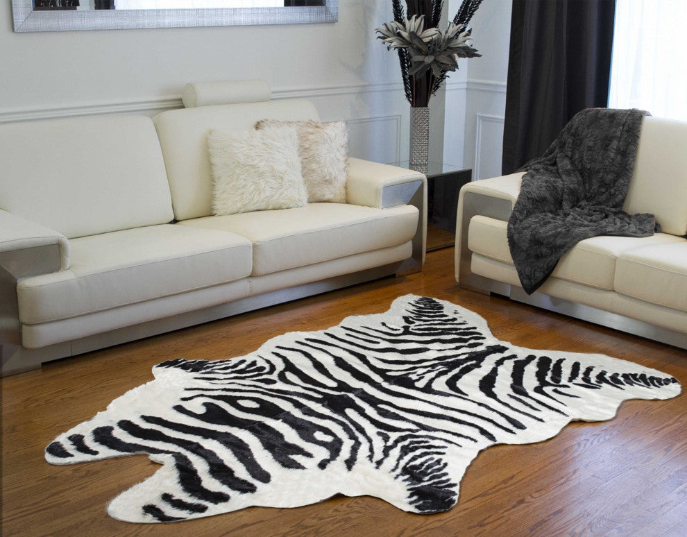 63"x90" Zebra Black and White Print Area Rug