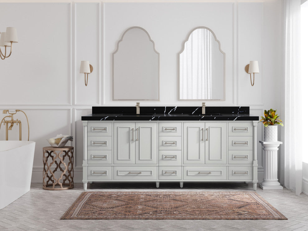 Aberdeen 84 Double Sink Bath Vanity in Coventry Gray 2" Calacatta Black