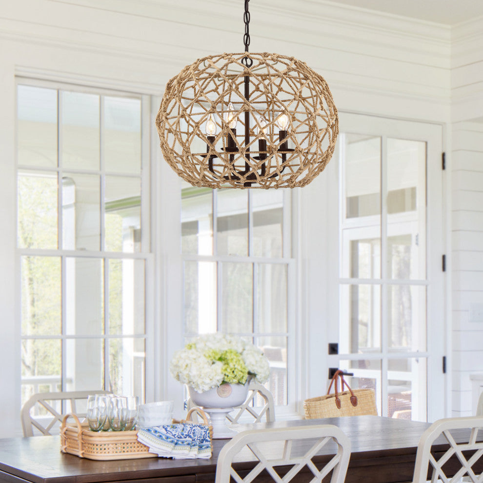 20" W 4-Light Natural Jute Rope Woven Globe Pendant Light With Brown Canopy