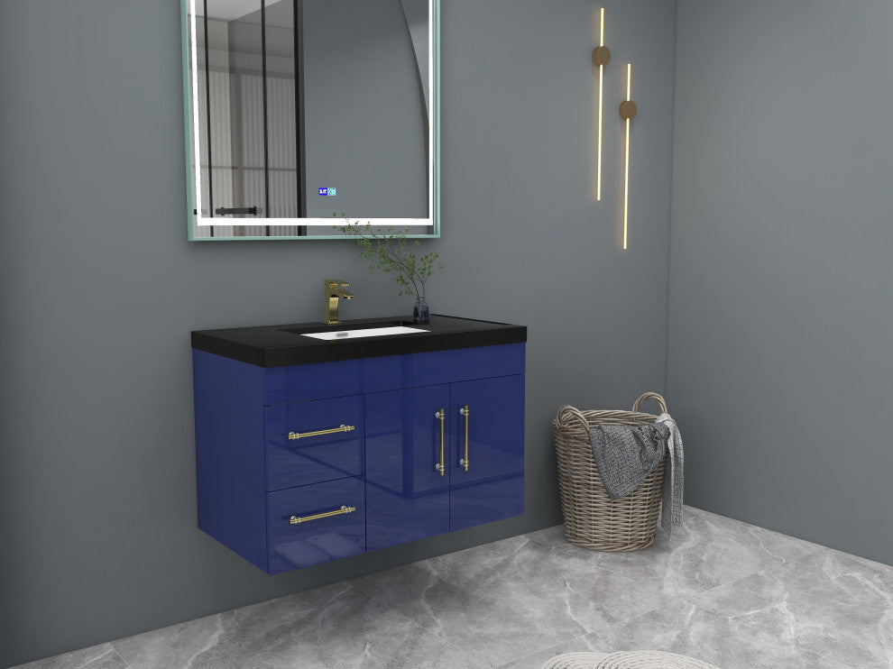 Rosa 36" Wall Mounted Modern Vanity, High Gloss Night Blue, Matt Black Top