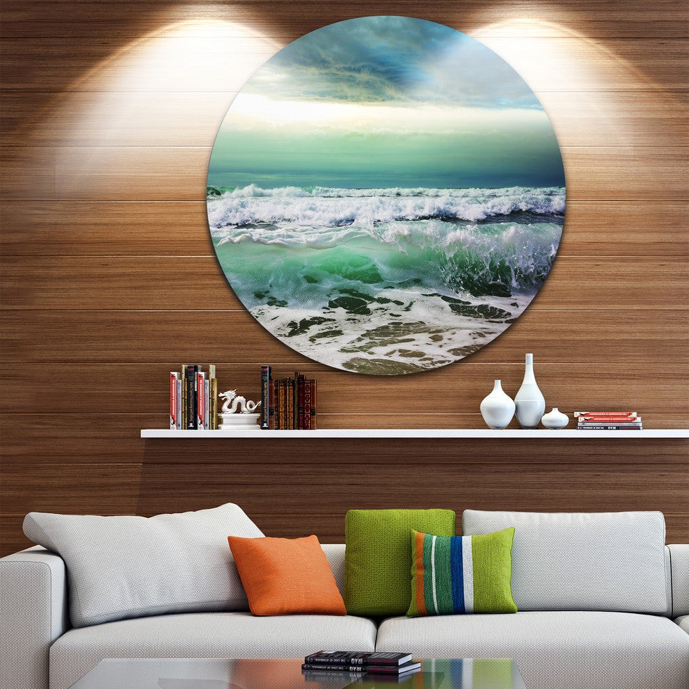 Green Foaming Waves And Blue Sky, Seashore Round Wall Art, 11"