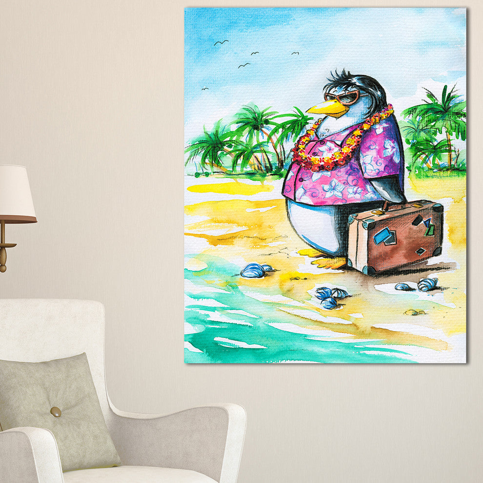 "Penguin Enjoying Holidays on Beach" Cartoon Animal Print
