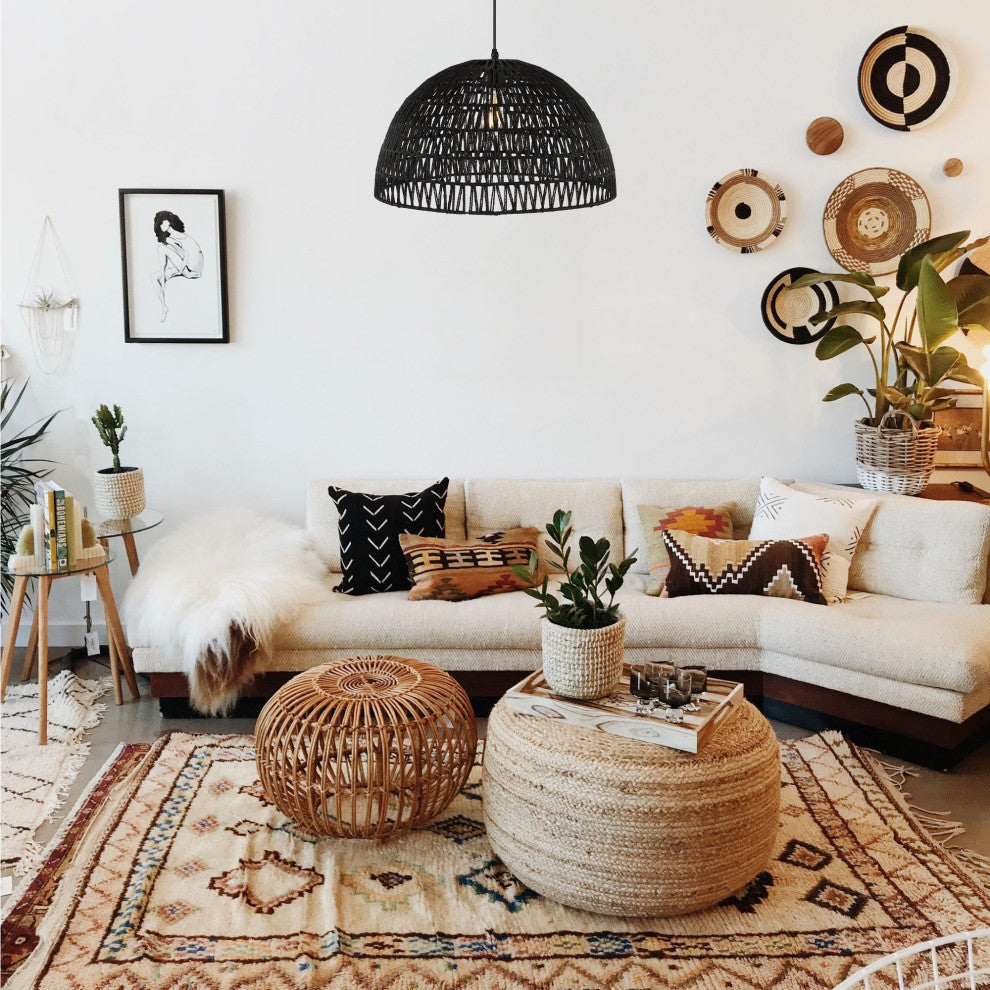 Campana 1-Light Bohemian Modern Woven Rattan/Iron LED Pendant, Black