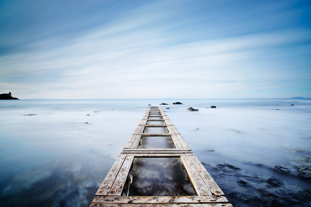 Moody Ocean and Sky Wooden Pier Landscape Photo Canvas Wall Art Prints, 24" X 36"