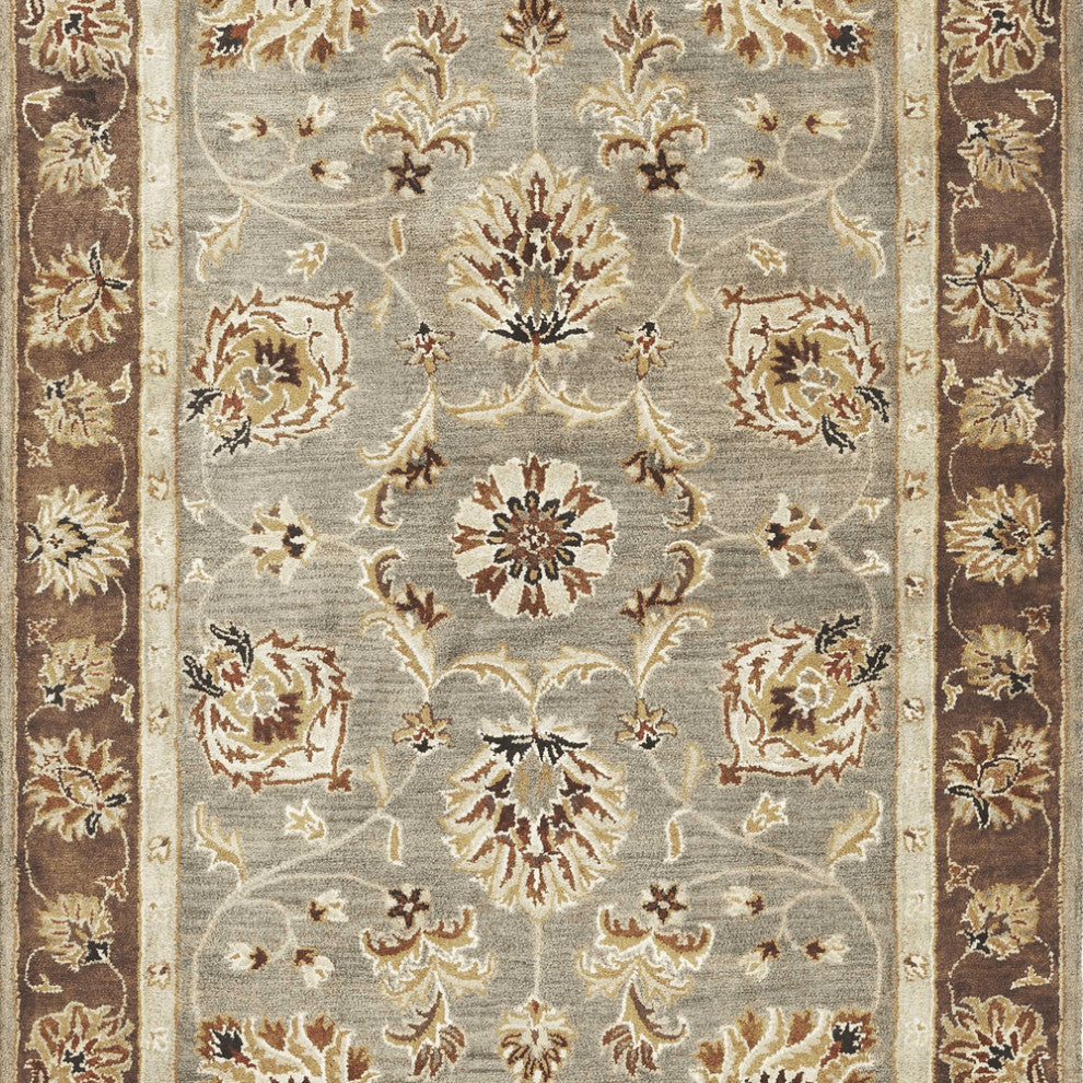 2' X 7' Grey Or Mocha Floral Vines Bordered Wool Runner Rug