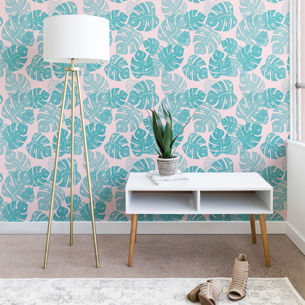 Deny Designs Bianca Green Linocut Monstera Pastel Wallpaper, Green, 2'x4'