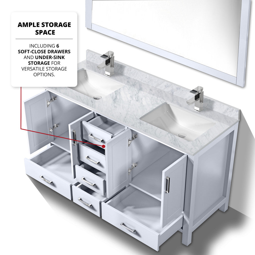 Jacques 60" White Double Sink Vanity with Quartz Top, No Mirror