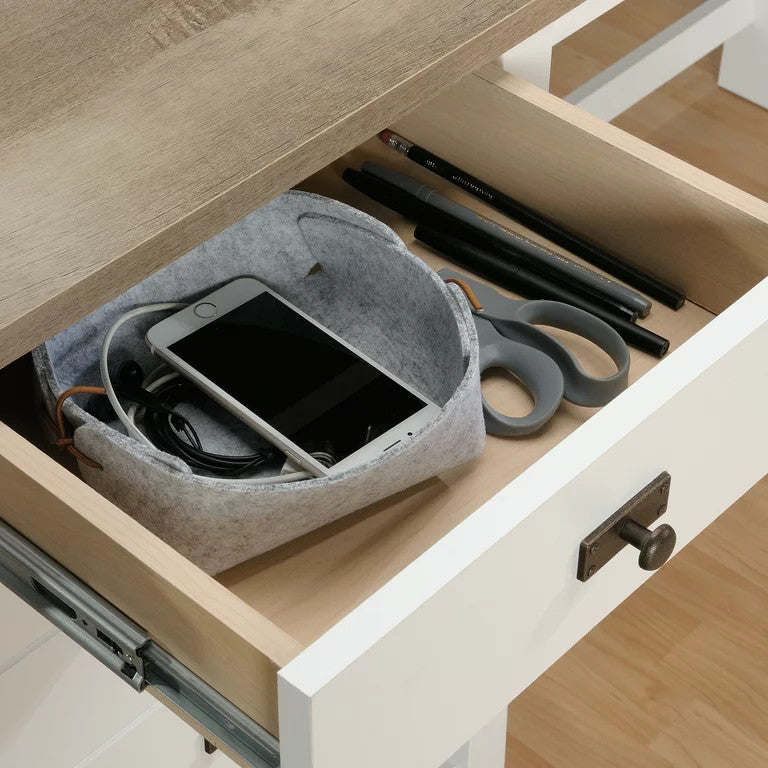 Classic Desk, L-Shaped Design With Storage Drawers & Round Handles, White Oak