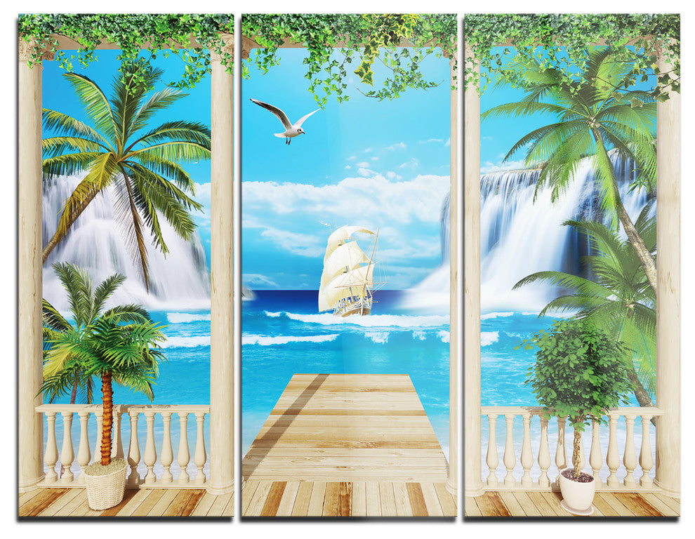 "Wooden Terrace With Sea View" Photo Metal Wall Art, 3 Panels, 36"x28"