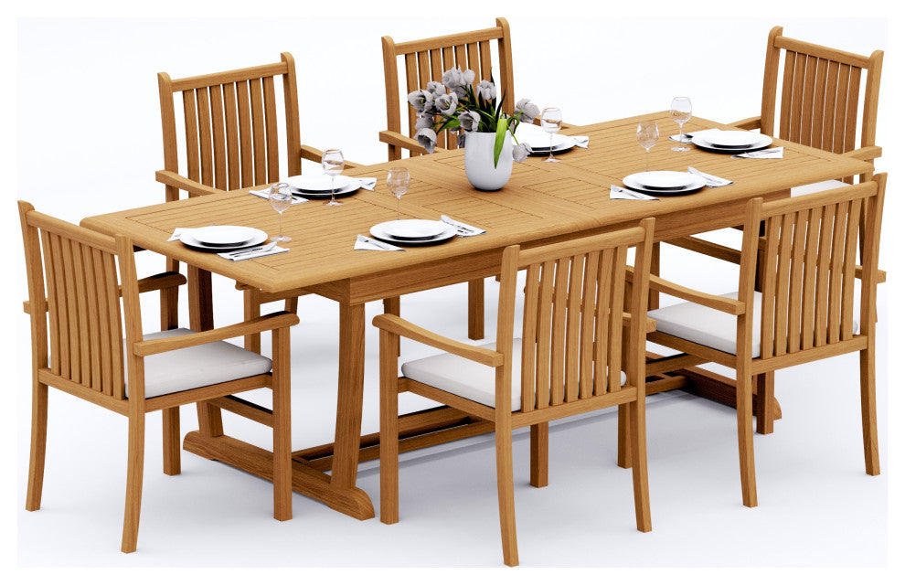 7-Piece Outdoor Teak Dining Set: 94" Masc Rectangle Table 6 Cahyo Stacking Chair