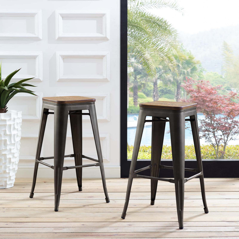 Bar Stool Chair Barstool, Set of 2, Wood, Metal, Brown, Modern, Bar Pub Bistro