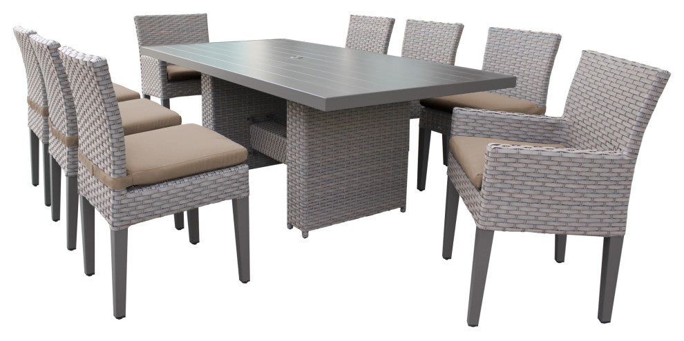 Florence Rectangular Patio Dining Table, 6 No Arm and 2 Arm Chairs, Wheat