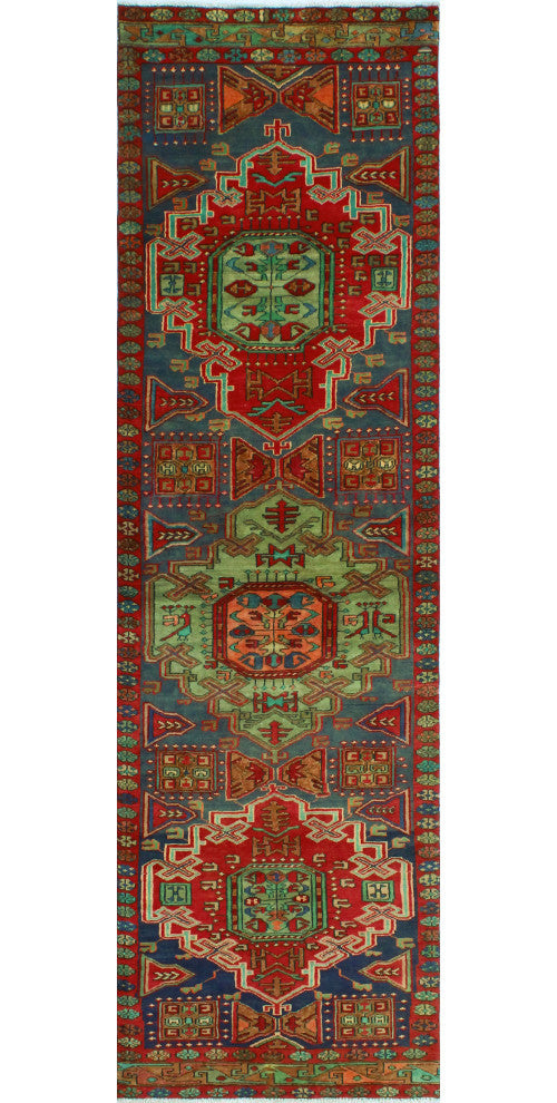 Fine Vintage Distressed Nurhan Navy/Red Runner, 3'1 x 10'4