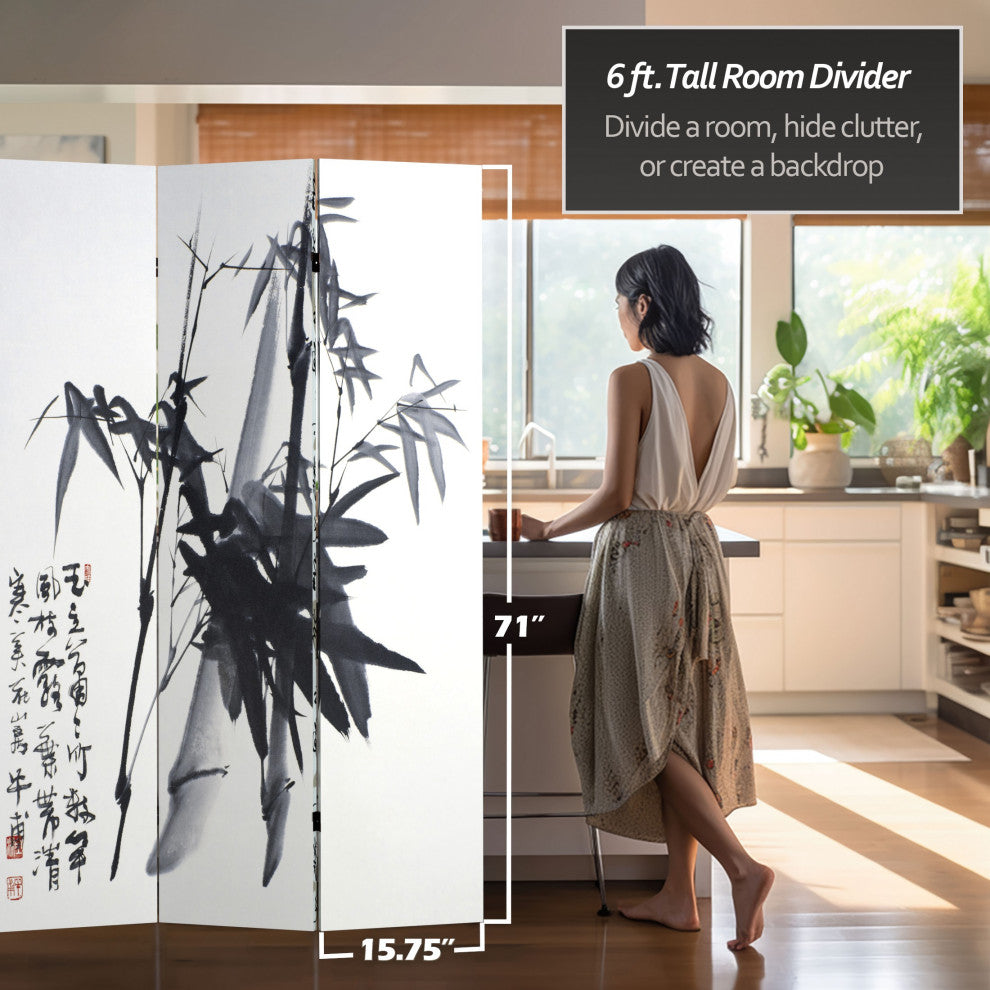 6'' Tall Double Sided Bamboo Calligraphy Canvas Room Divider