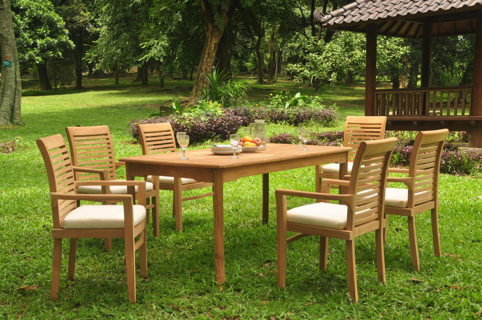 7-Piece Outdoor Teak Dining Set: 71" Rectangle Table, 6 Mas Stacking Arm Chairs