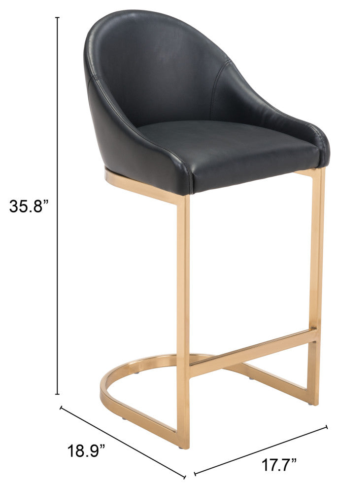 Counter Stool Chair, Faux Vinyl Leather, Steel, Black, Gold, Cafe Bistro