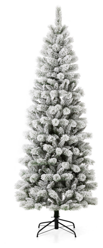 7.5ft Pre-Lit Flocked Pencil Pine Artificial Christmas Tree With 300 Warm Lights
