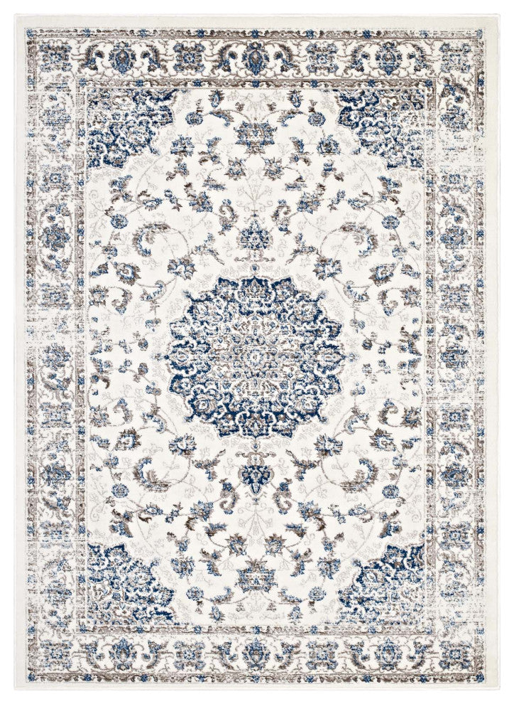Ivory and Moroccan Blue Lilja Distressed Vintage Persian Medallion 5x8 Area Rug
