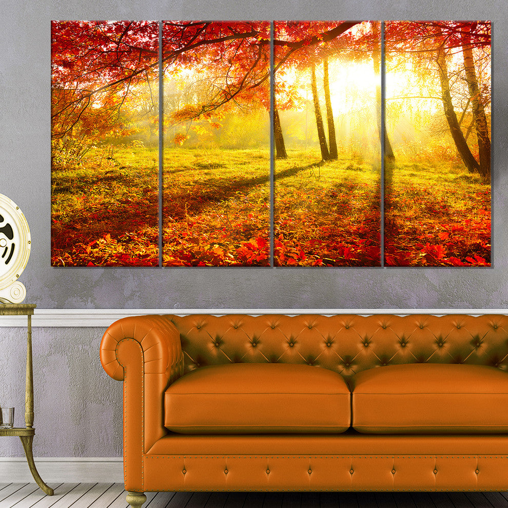 Yellow Red Fall Trees and Leaves, Landscape Canvas Art Print, 48"x28", 4 Panels