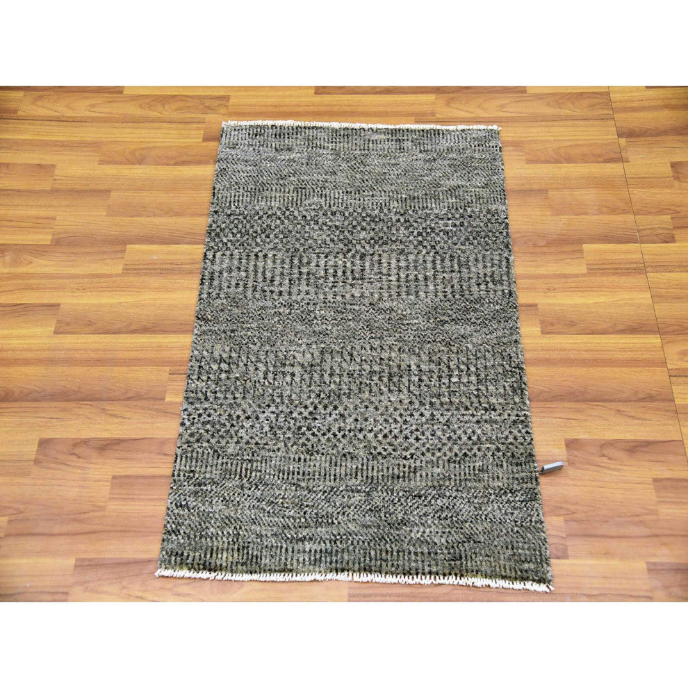 Gray Hand Knotted Modern Grass Design Natural Undyed Wool Mat Rug 2'1"x3'