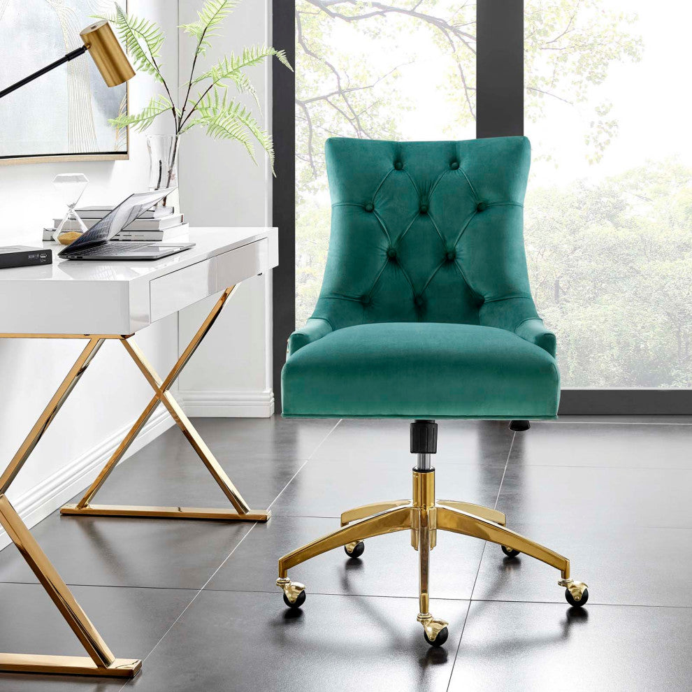 Computer Work Desk Tufted Chair, Velvet, Gold Teal Blue, Home Business Office