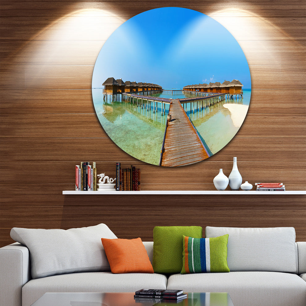 Bungalows In Maldives Island, Landscape Photo Disc Metal Artwork, 11"