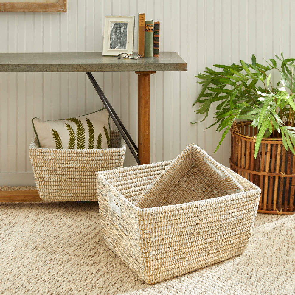 Set of 3 Woven River Grass Tote Storage Baskets Rectangle 23 20 16 in Natural