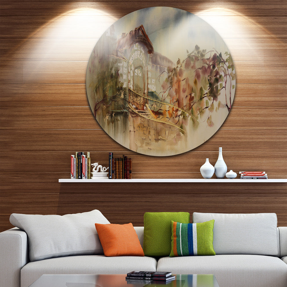 Abstract Old Building Watercolor, Abstract Disc Metal Wall Art, 23"