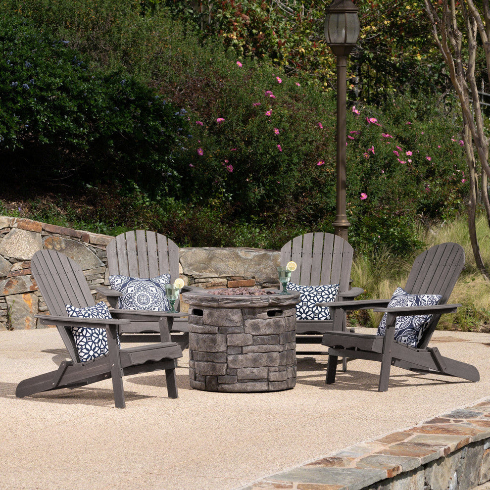 GDF Studio 5-Piece David Outdoor Adirondack Chair Set With Fire Pit, Dark Gray