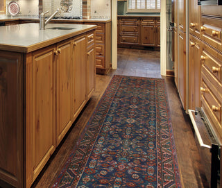 Fine Vintage Distressed Galip Red/Navy Runner, 3'5x13'7