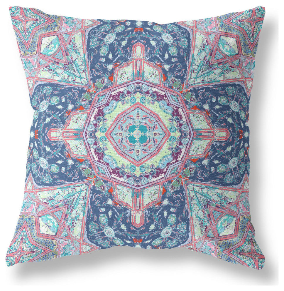16" Light Blue Pink Floral Geometric Suede Throw Pillow