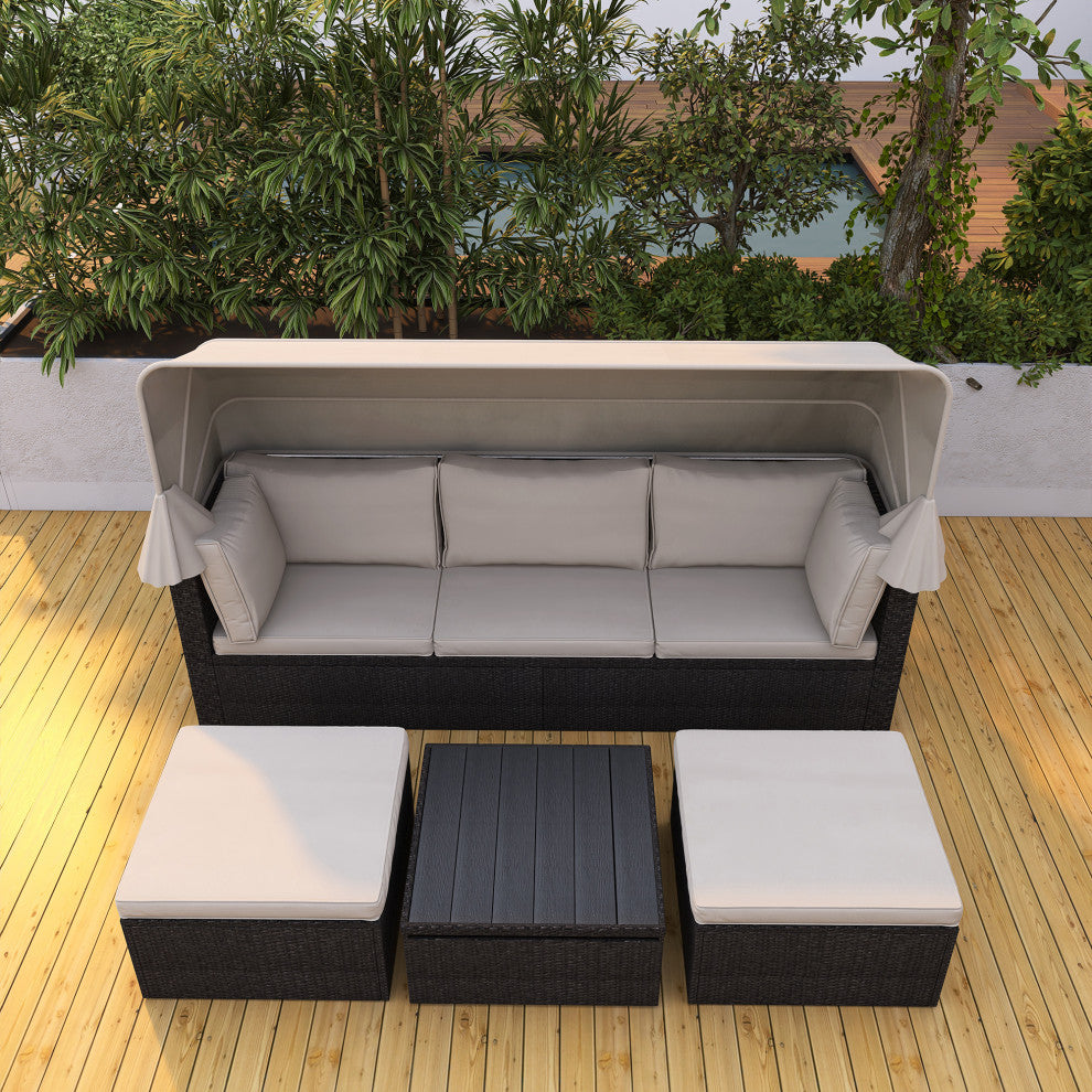 4-Piece Outdoor Wicker Sectional Patio Daybed with Canopy and Ottoman, Black Bei