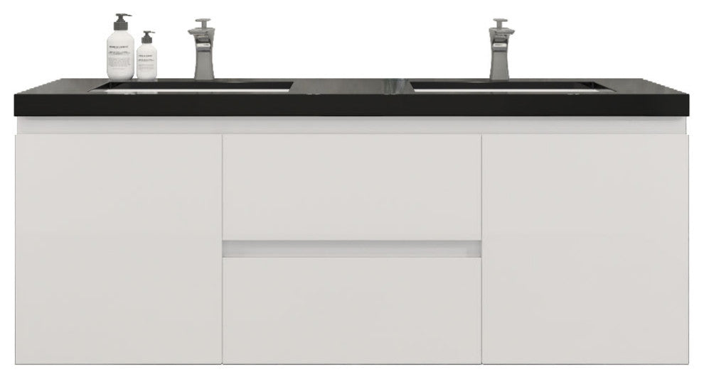 Belli 60" Double Sink Wall Mount Vanity Set, High Gloss White, Matt Black Top