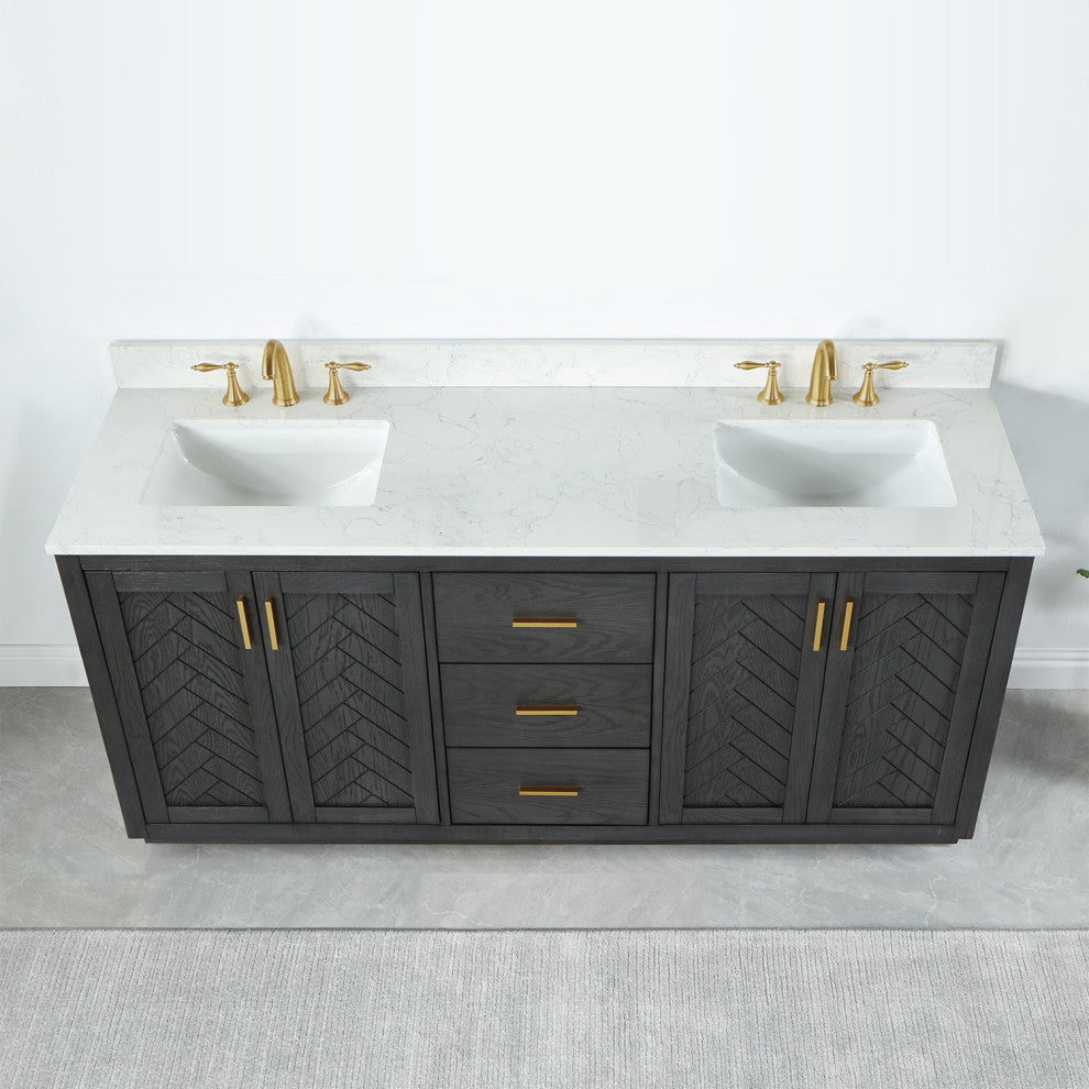 Gazsi Brown Oak Bathroom Vanity Set, 72", Without Mirror